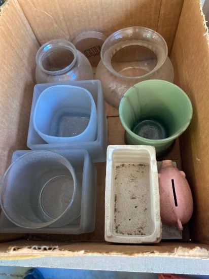 Box with glass cups and Clear glass orbs