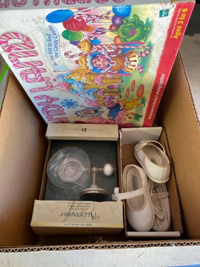 Plastic wall paper towel holder, Candyland game, glass soap dish in box, baby shoes
