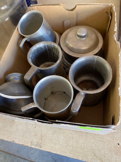 Box of pewter mugs