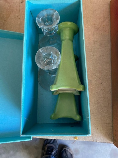 Two red crystal American-made candle holders and two green ceramic candle holders