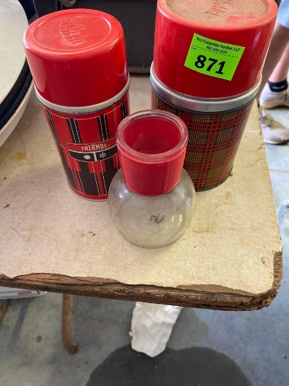 Two thermoses and miscellaneous glass item