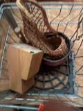Wicker basket and knife block in metal crate