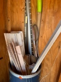 Barrel with window blinds, tennis rackets and other misc items