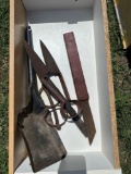 Drawer with small shovel, large cutting shears, vintage hand saw