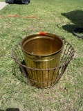 Brass trash can and wicker basket