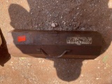 Metal toolbox with ball ping hammer, screwdriver, wire brush, crescent wrench, and other hand tools
