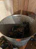 Metal bucket with loaf pan, tongs and misc items