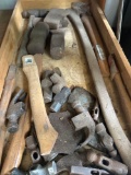 Various hammer heads, axe heads and handles