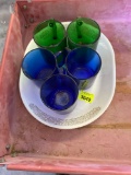 2 green and 2 blue glasses and a plate