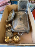 Silver serving holder with glass casserole dish, 6 small metal trays, misc item and more