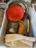 several serving plates, skillet, Silver plated butlers helper, and more
