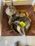 Metal bowl, silver tea pot, silver water pitcher and more