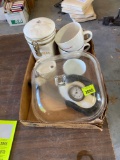 coffee canister, 2 Starbucksmugs, clock and misc items