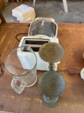 Small George foreman grill, metal candle holders, glass pitcher, toaster