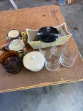 Glasses, small fall dish, rooster & barn mugs, Fire king glassware
