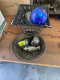 @ blown glass globes, metal shaker, silver tray, silver creamer and sugar
