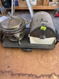 Silver and glass server,griddle, paper towel dispenser