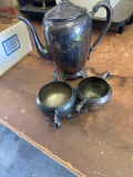 Silver tea pitcher and silver creamer and sugar bowls no lids