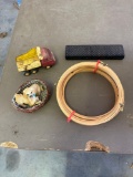 Dogs in a basket figurine, 3 sets of earrings, 5 wooden needle point hoops and vintage toy truck