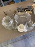 Glass vase, glass jar, glass mug with jackpot on front, coffee mug, strainer basket and more