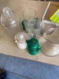 4 glasses, glass pitcher, Glass insulator, honey pot and plastic candy dish