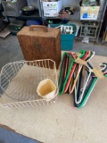 Wooden box, dish strainer, metal rack, cloths hangers