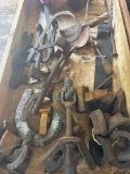 Wooden box with misc vintage tools/items