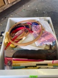 Box with misc sewing items and needle point items