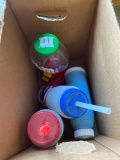 Blue thermos, 2 cups with lids and straws, M&M dispenser