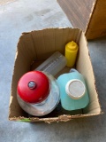 Gum ball machine, mustard dispenser, 2 other containers