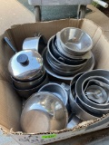 Box of stainless steal bowls and pans