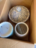 casserole dish with lid, small crock, two butter dishes no lid, tea light holder wax melt