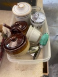 Vintage stoneware double condiment crock set, shot glass, holiday butter knives and condiment