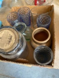 Four vintage Indian glass whitehall Cubist footed ice blue Tumblr, three glass containers no lids,