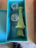 Two red crystal American-made candle holders and two green ceramic candle holders