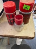Two thermoses and miscellaneous glass item