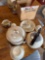Silverware, coffee, cups, pitcher, childrens plates, hot pad, tea kettle pot, placemats and holders