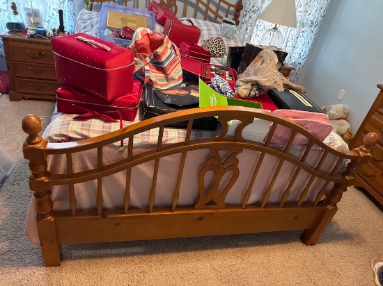 Queen bed with dresser mirror, chest of drawers, two side tables, wall unit with drawers, desk,