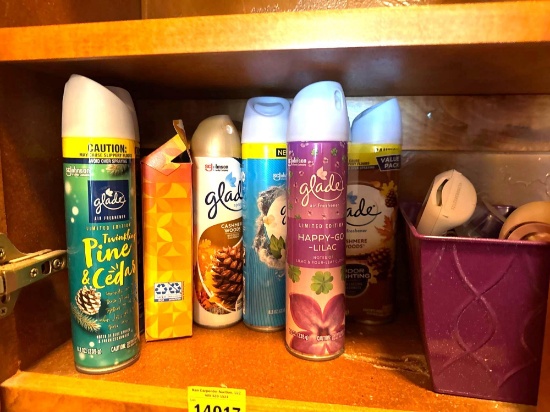 Glade hairspray x 9, Air freshener, scissors, decorative basket with popery, tank bolt washers