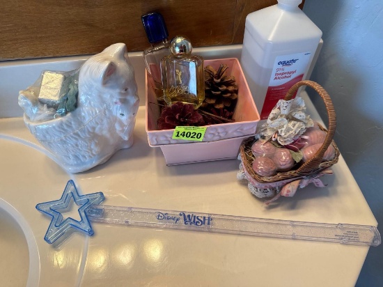 Dog home decor, bowl of popery, perfume, basket with soap, rubbing alcohol Disney Wand