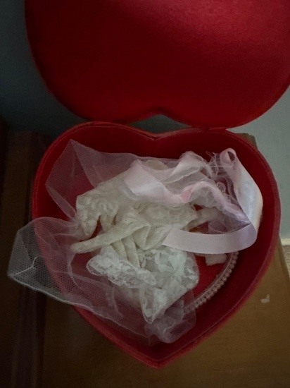 Wedding gloves, hair bra in a heart shaped box