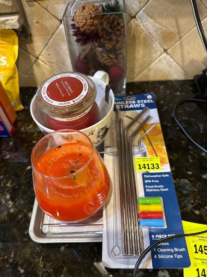 straws, pan, candles, cat mug and smell pinecones