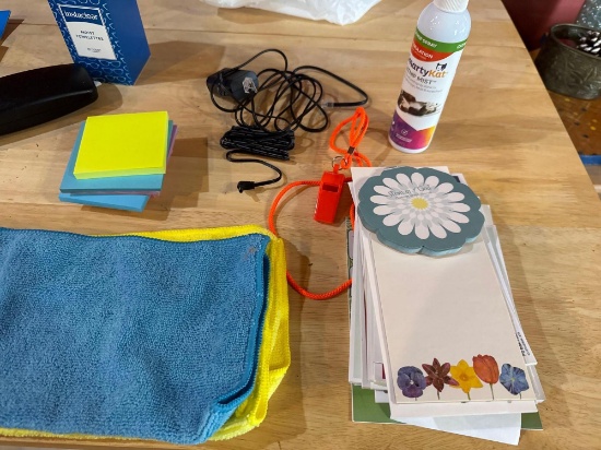 Microfiber, cleaning cloths, more towels, glass case, notepads, sticky notes, power, cord, whistle,