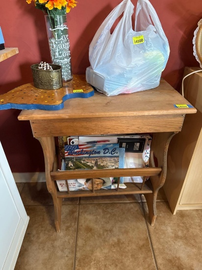 Wood table with magazine stand, 14 x 24 x 30.5 inches, items on top of the table are not included