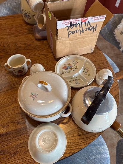 Silverware, coffee, cups, pitcher, childrens plates, hot pad, tea kettle pot, placemats and holders