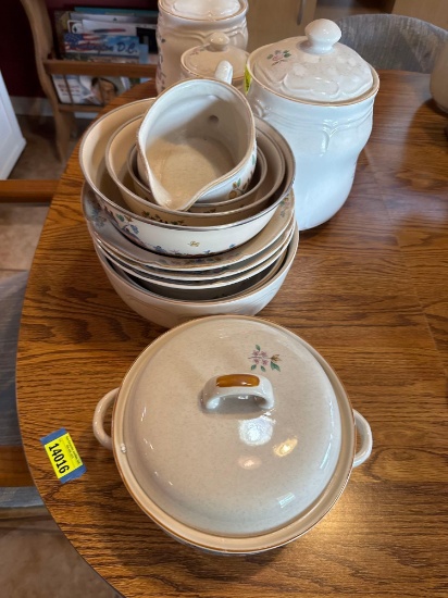 Stoneware jars, butter dish, plates, bowls