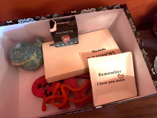 decor, Dominos, clay tea, pot, and a cutting board