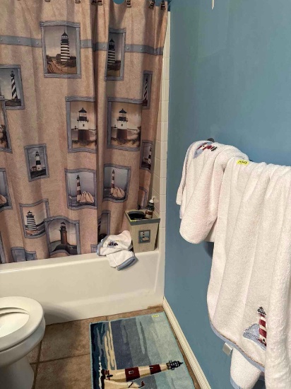 Lighthouse bathroom set, towel set, rug, shower curtain wastebasket, counter set