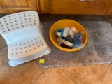 Stepstool, bathroom, rug, plastic bowl, cleaning brushes, sponges