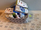 Bathroom, rug, facemask, Q-tips, scope mouthwash, Vaseline, vinyl gloves, and lotion, rubbing